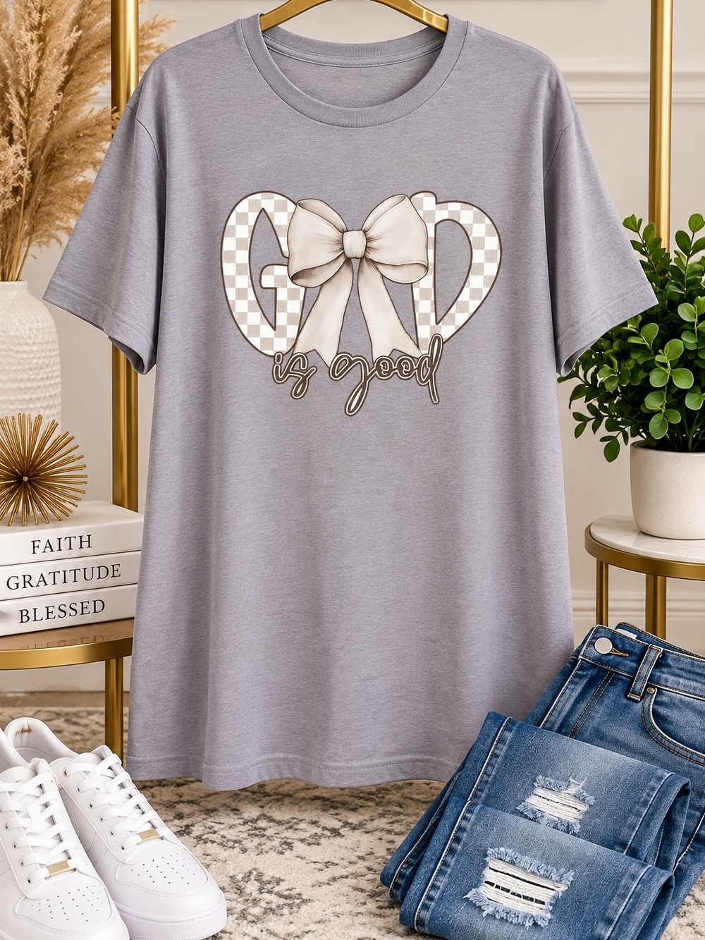 God Is Good Bow Graphic Tee - Gray